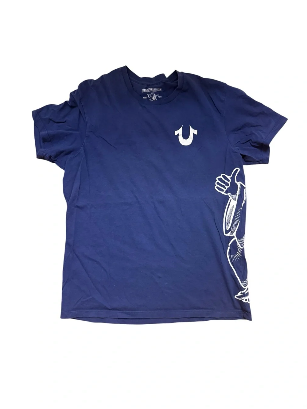 True Religion Navy Short-Sleeve Graphic Tee with White Logo Buddha guitar medium